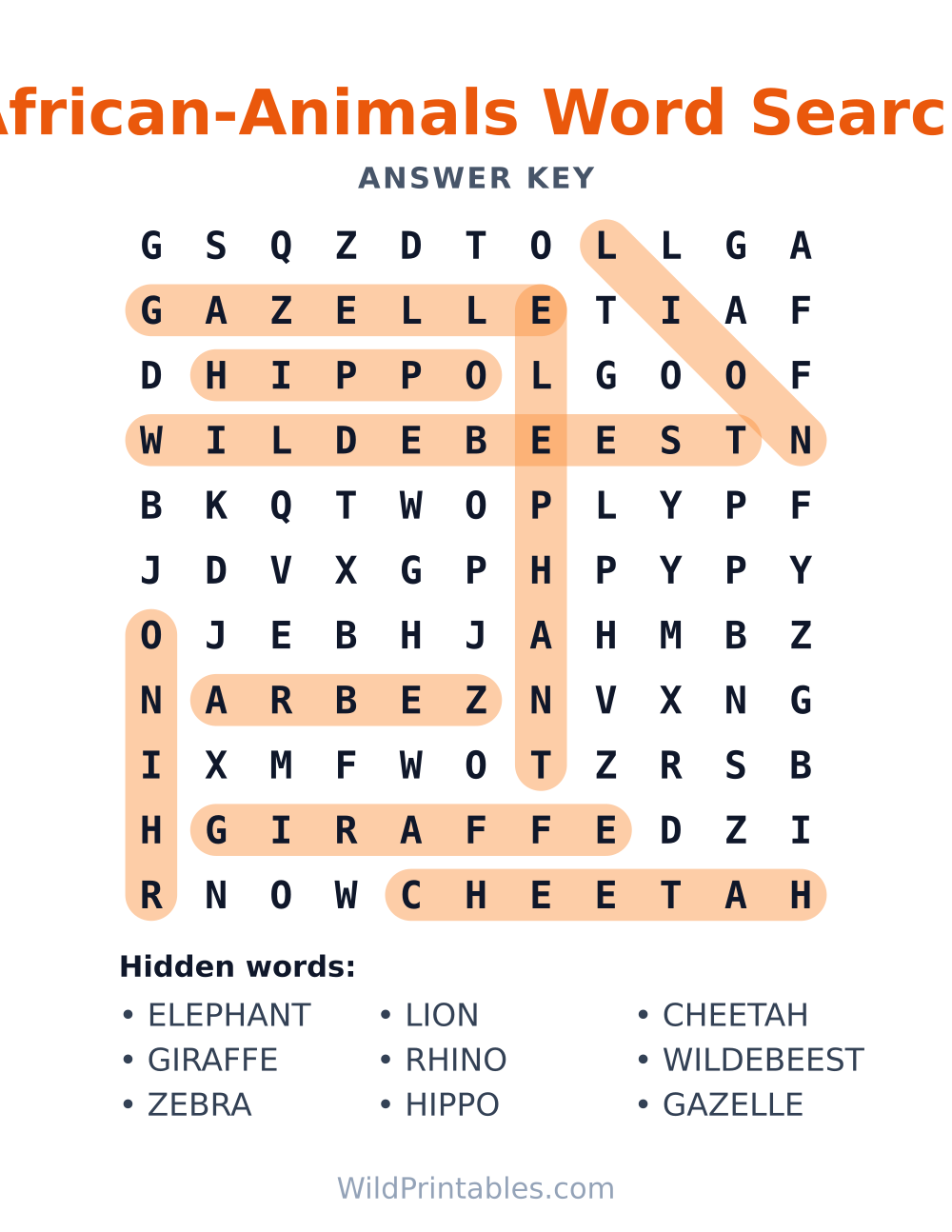 African-Animals Word Search — answer key