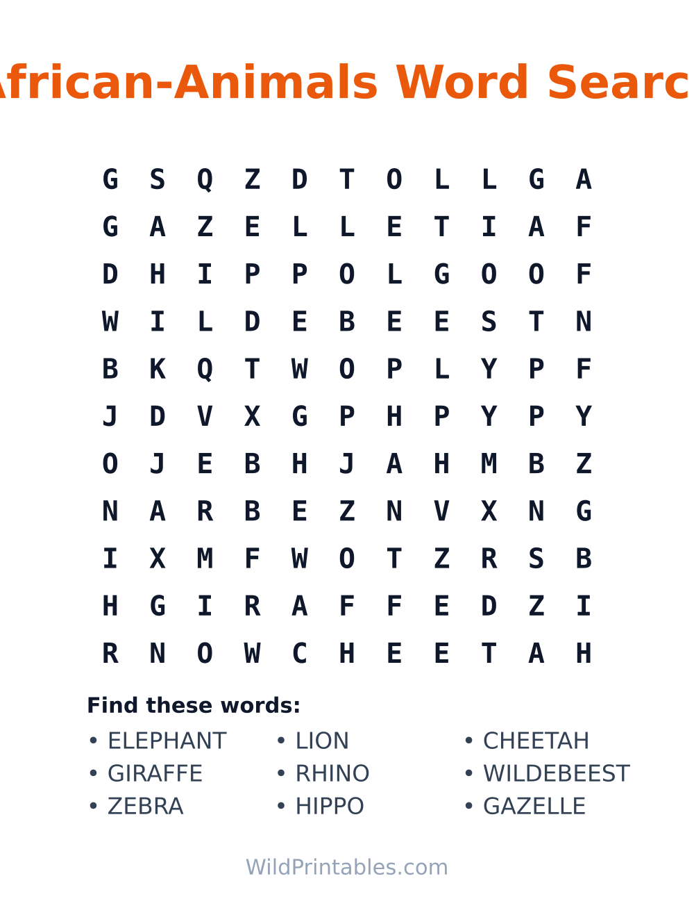 African-Animals Word Search — free printable word search for kids