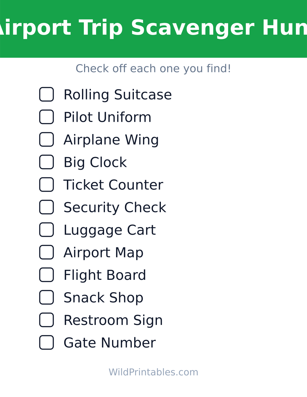Airport Trip Scavenger Hunt — free printable scavenger hunt for kids