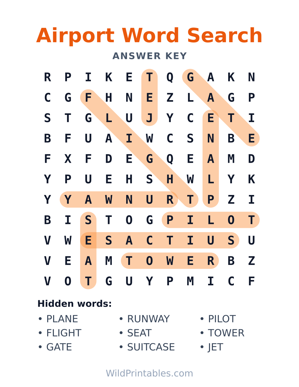 Airport Word Search — answer key
