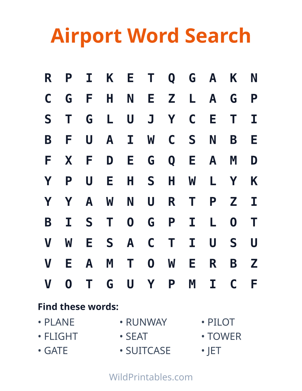 Airport Word Search — free printable word search for kids