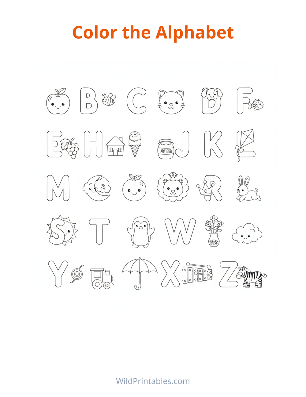 Alphabet Coloring Page — free printable coloring for kids to print and color at home