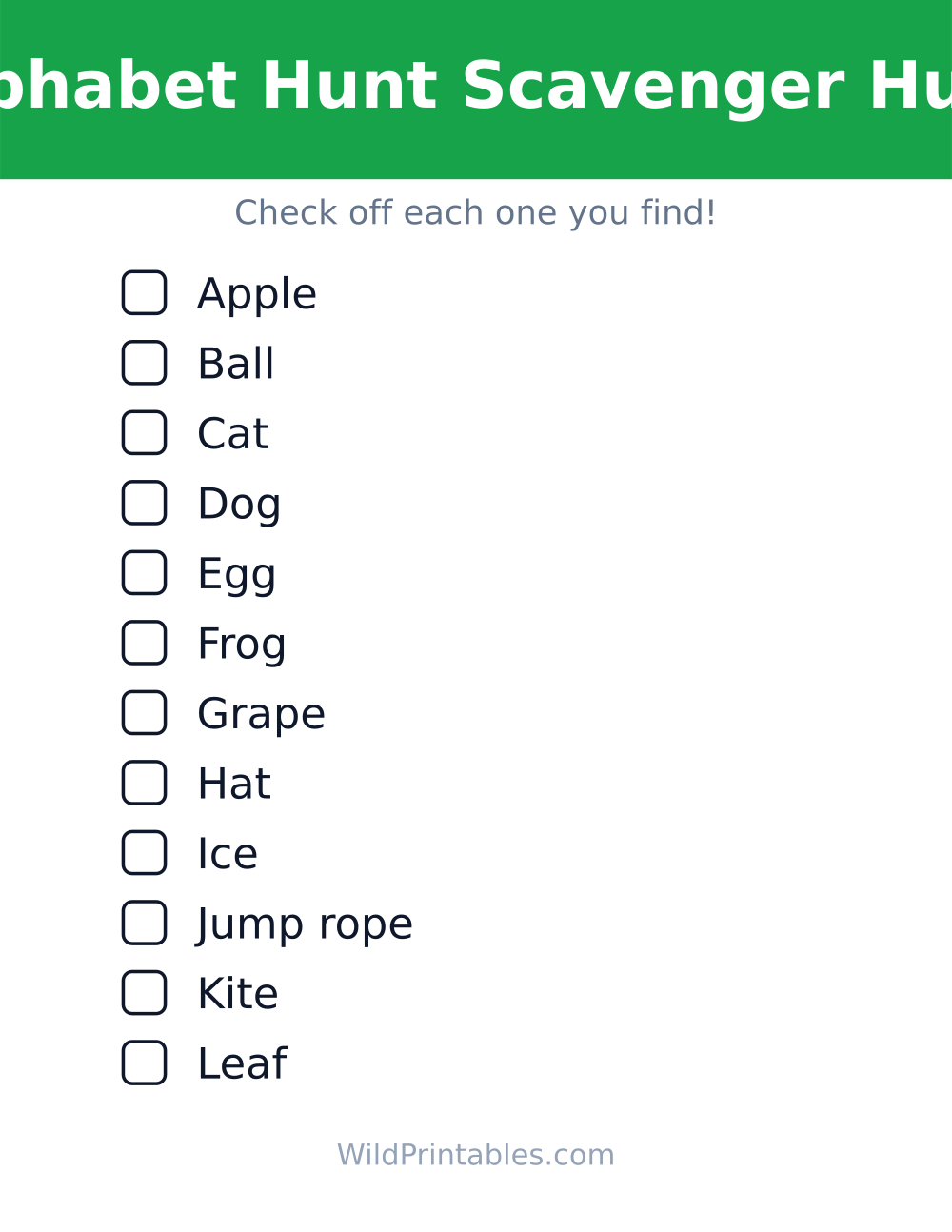 Alphabet Hunt Scavenger Hunt — free printable scavenger hunt for kids