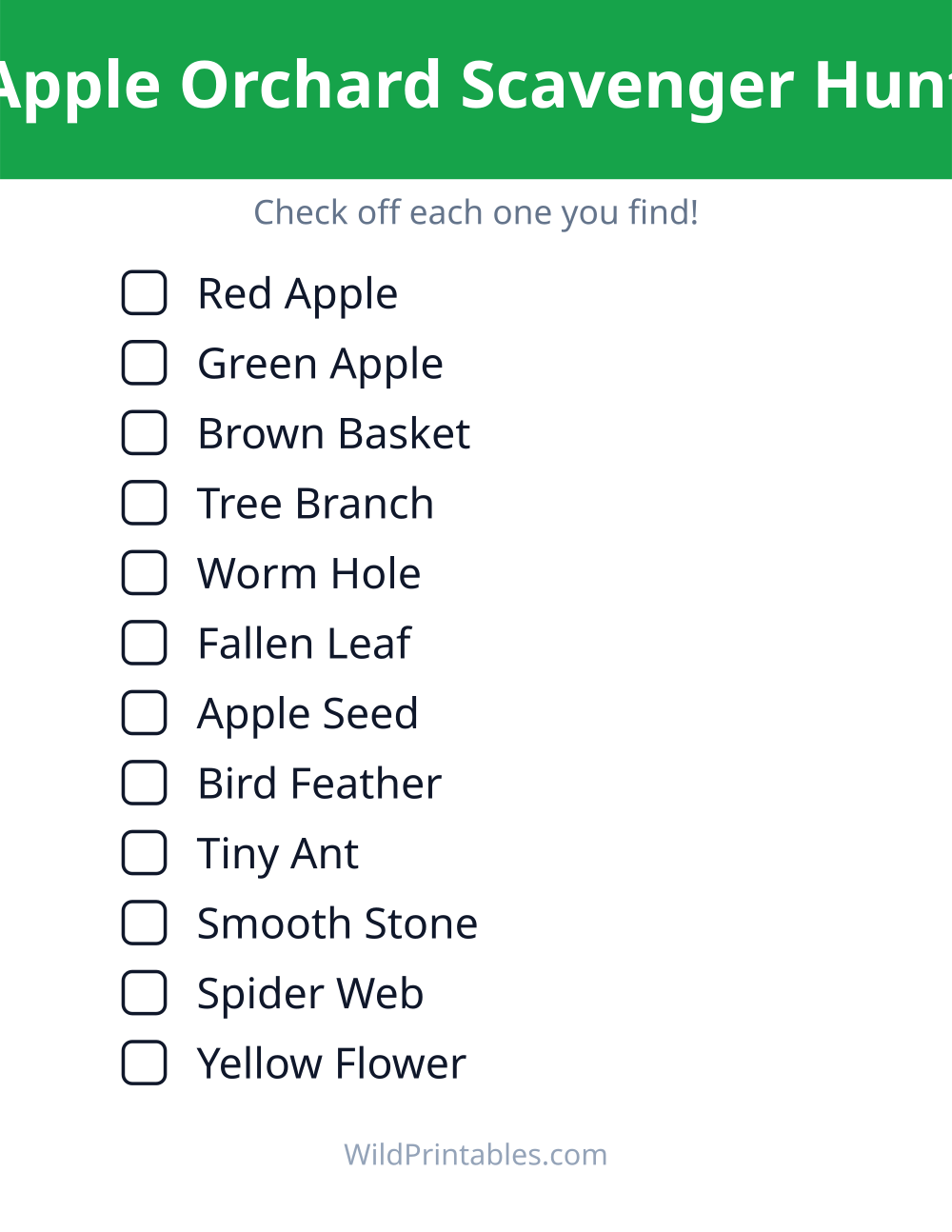 Apple Orchard Scavenger Hunt — free printable scavenger hunt for kids to print and color at home