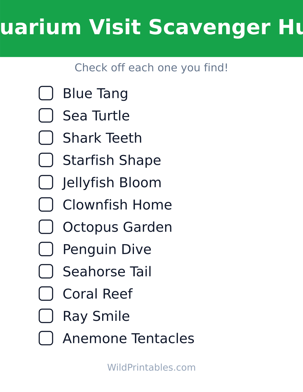 Aquarium Visit Scavenger Hunt — free printable scavenger hunt for kids