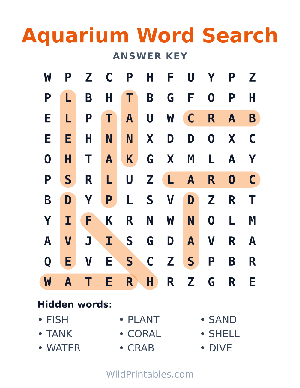 Aquarium Word Search — answer key