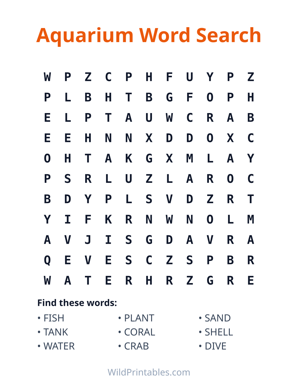 Aquarium Word Search — free printable word search for kids