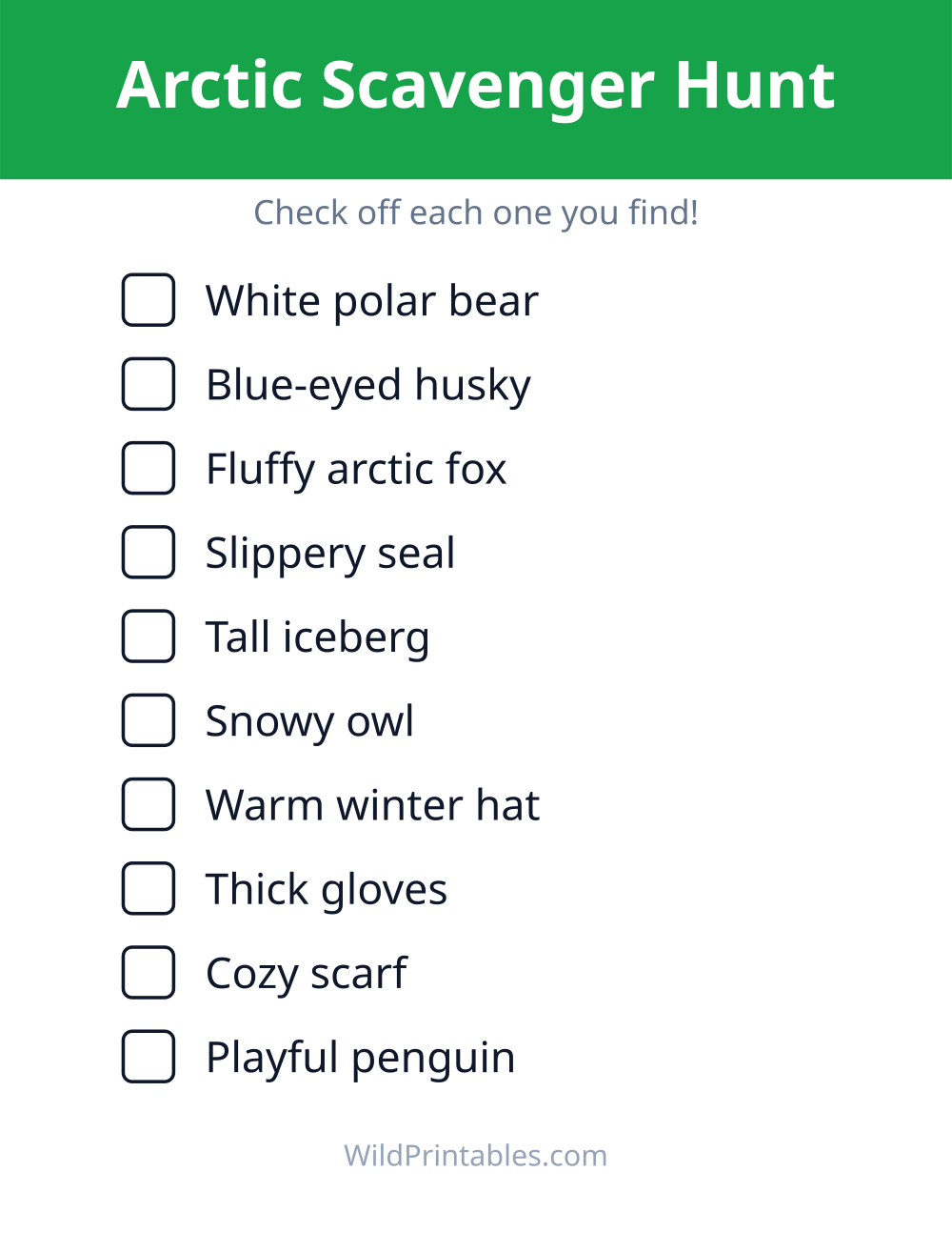 Arctic Scavenger Hunt — free printable scavenger hunt for kids