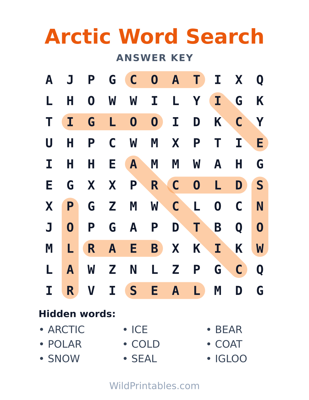 Arctic Word Search — answer key
