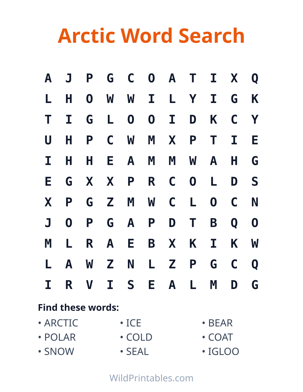 Arctic Word Search — free printable word search for kids