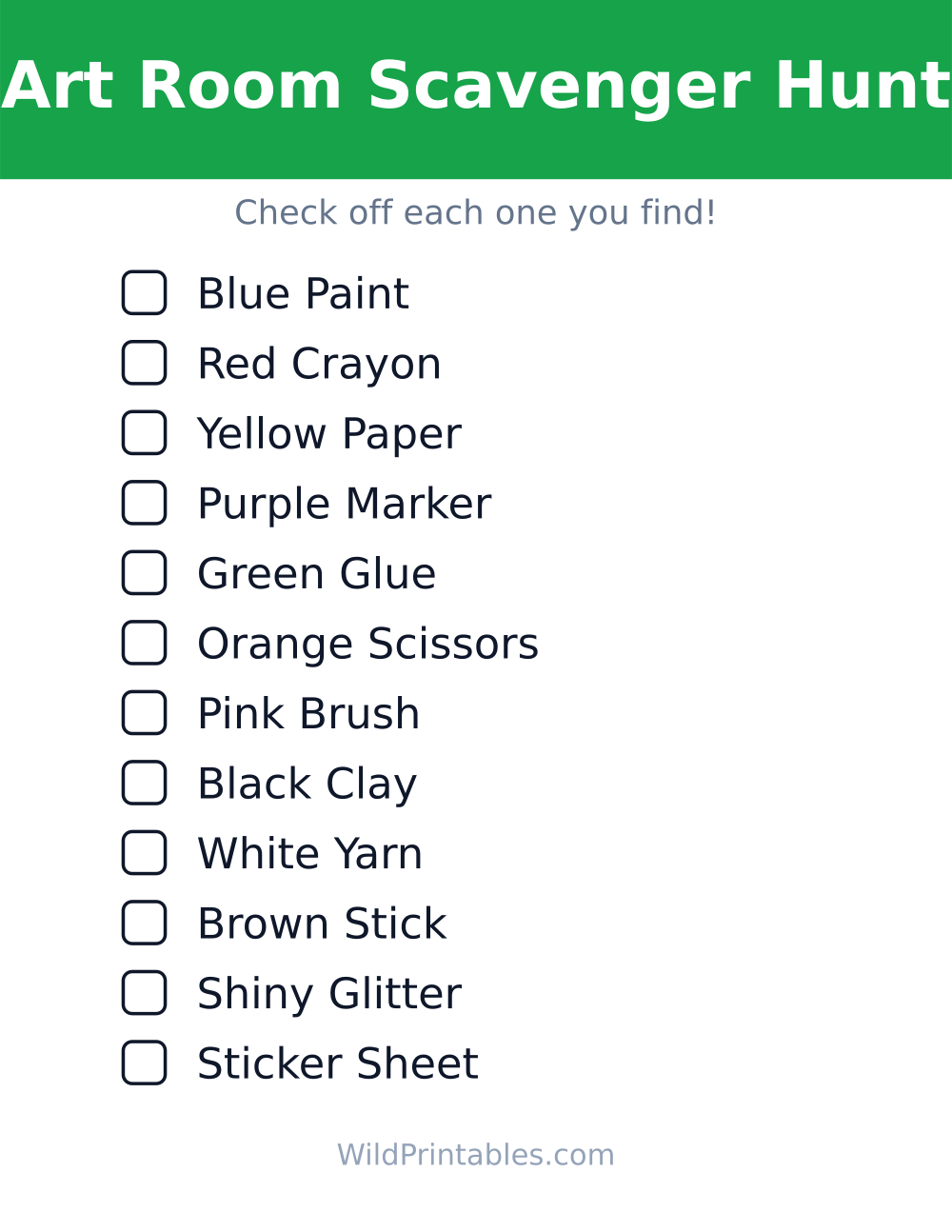 Art Room Scavenger Hunt — free printable scavenger hunt for kids