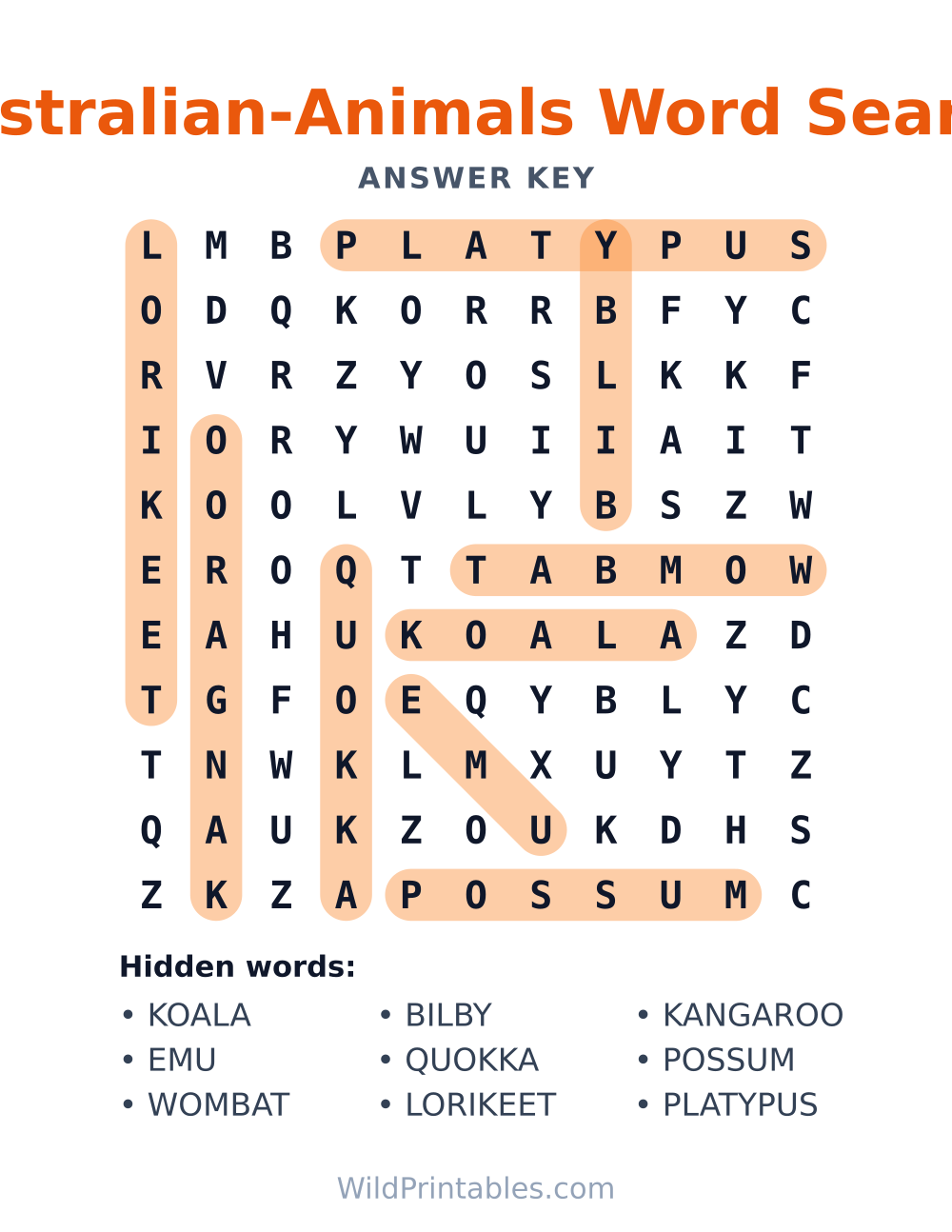 Australian-Animals Word Search — answer key