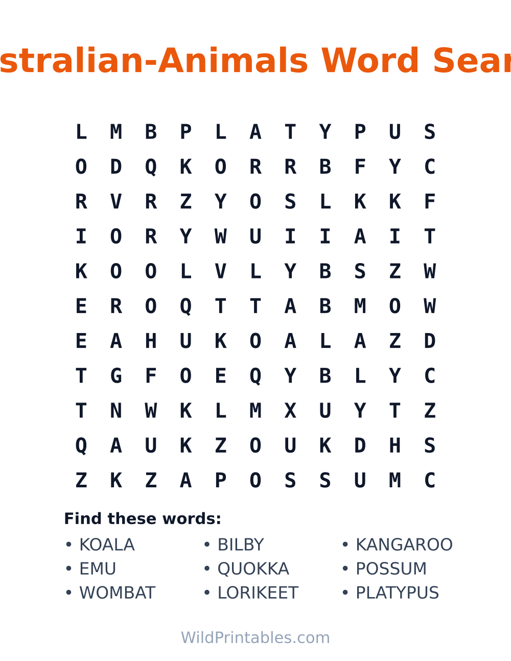 Australian-Animals Word Search — free printable word search for kids