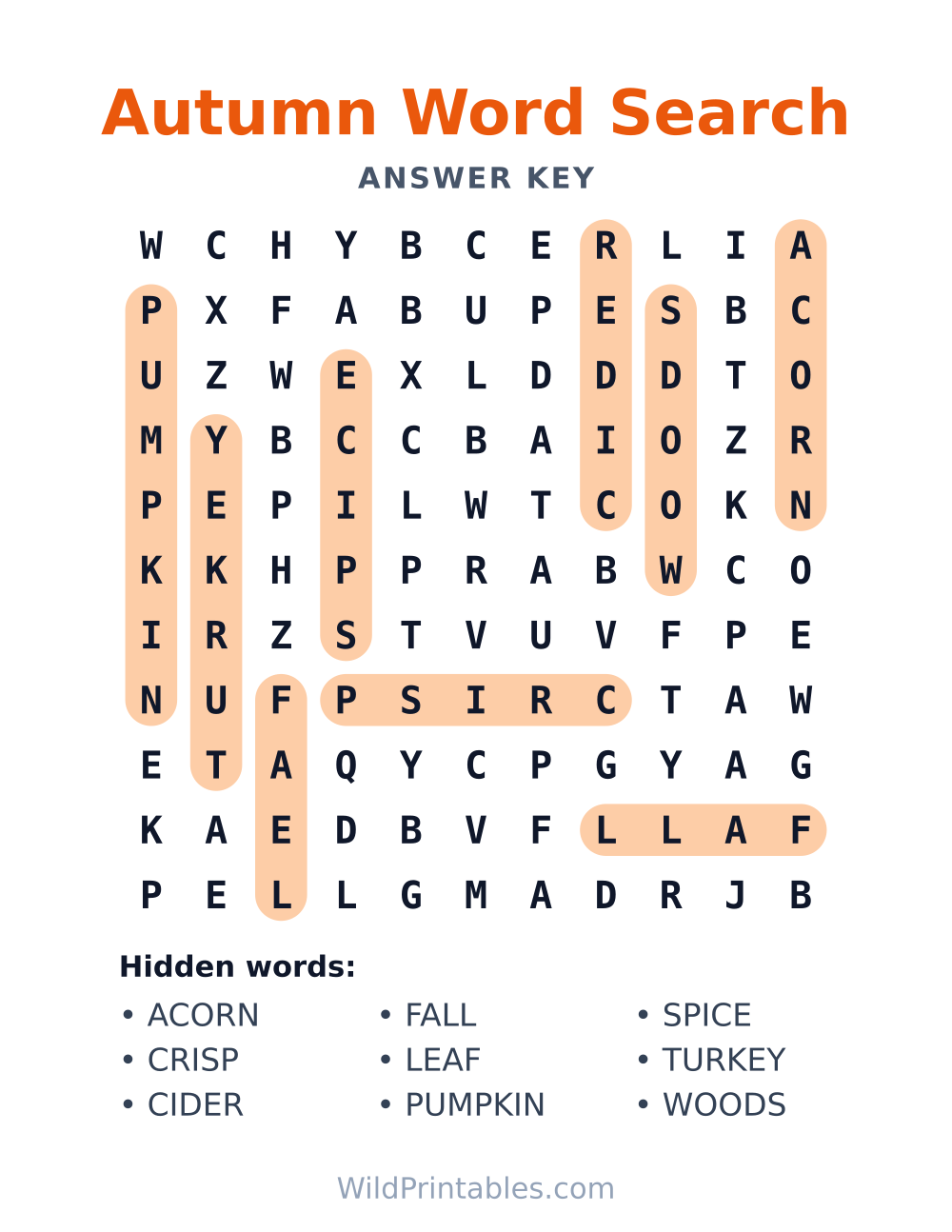 Autumn Word Search — answer key