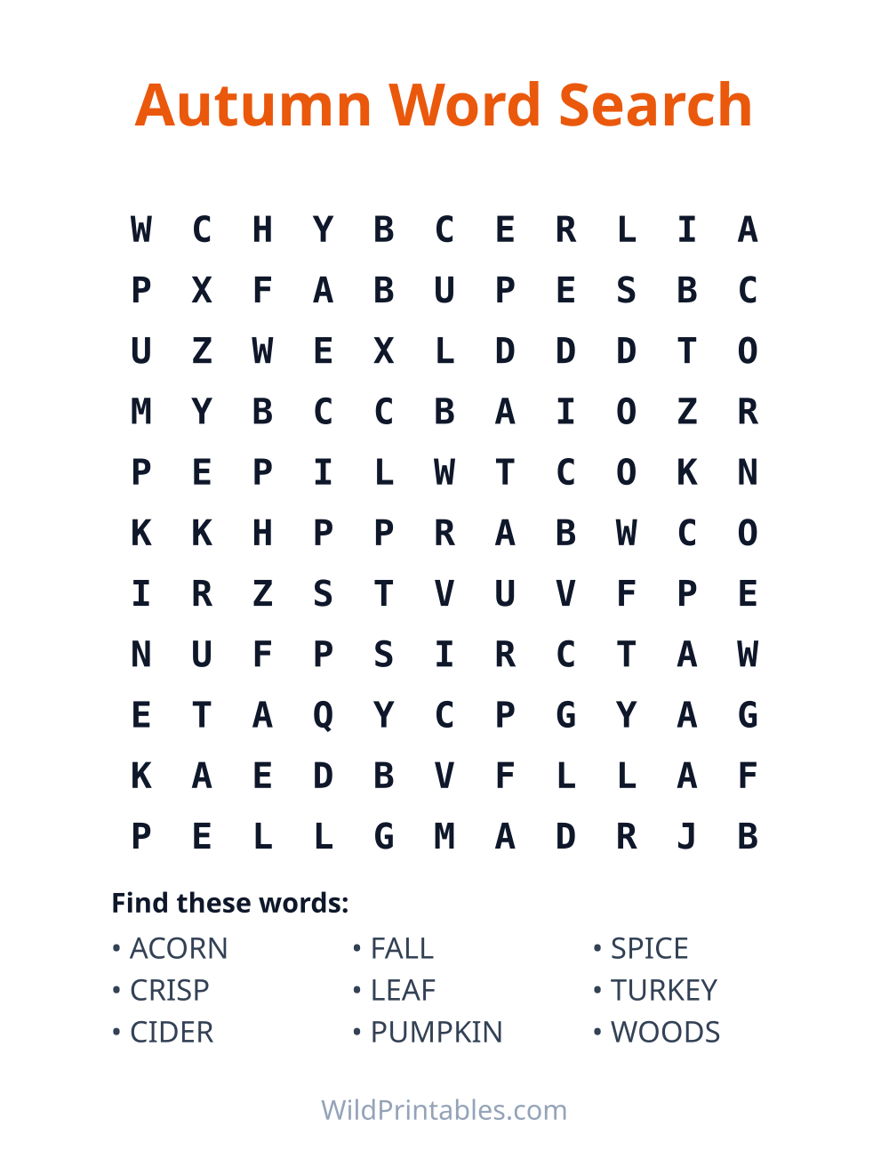 Autumn Word Search — free printable word search for kids