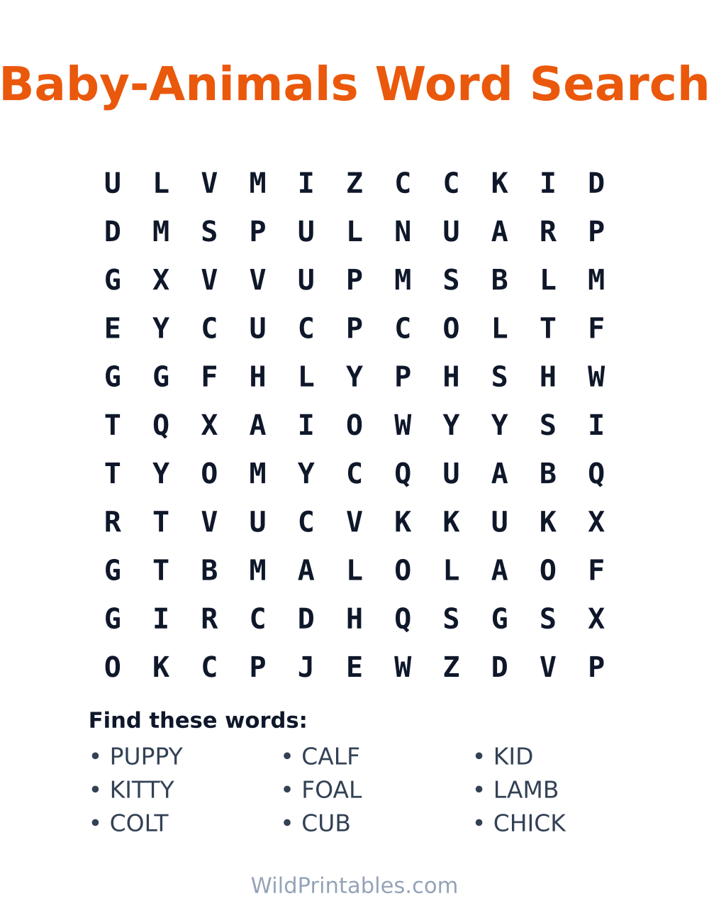 Baby-Animals Word Search — free printable word search for kids