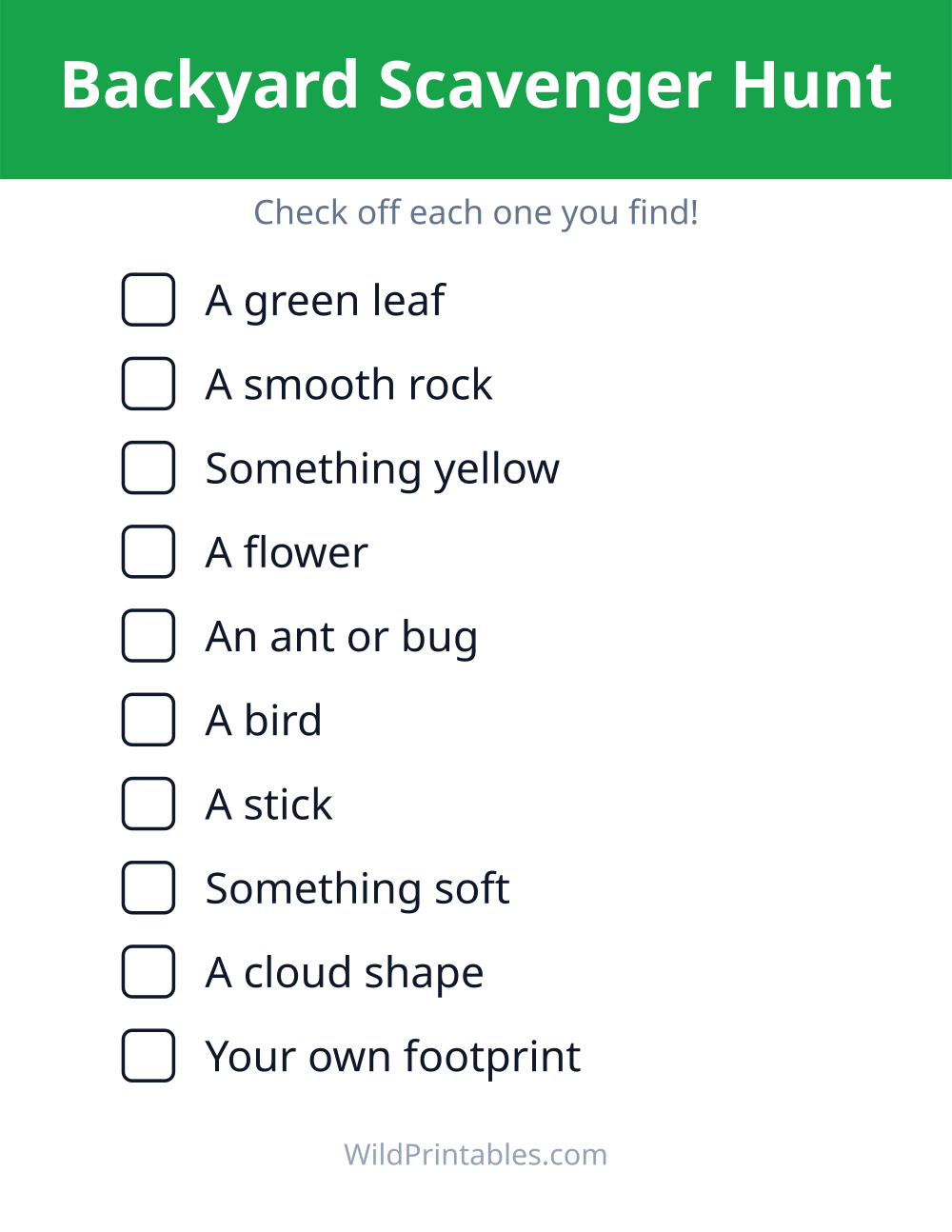Backyard Scavenger Hunt — free printable scavenger hunt for kids