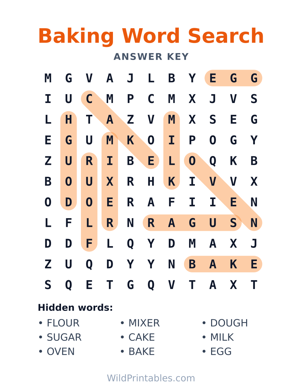 Baking Word Search — answer key