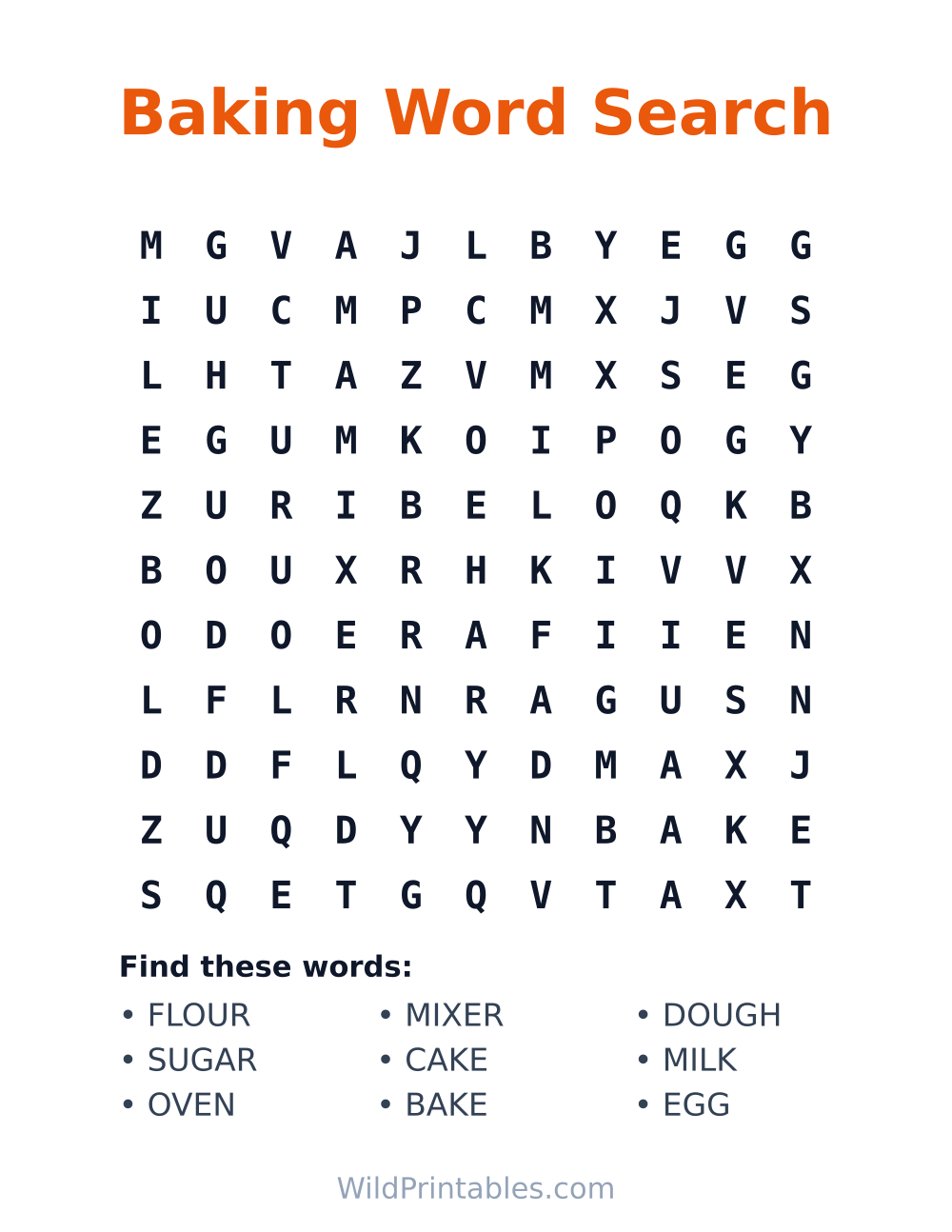 Baking Word Search — free printable word search for kids