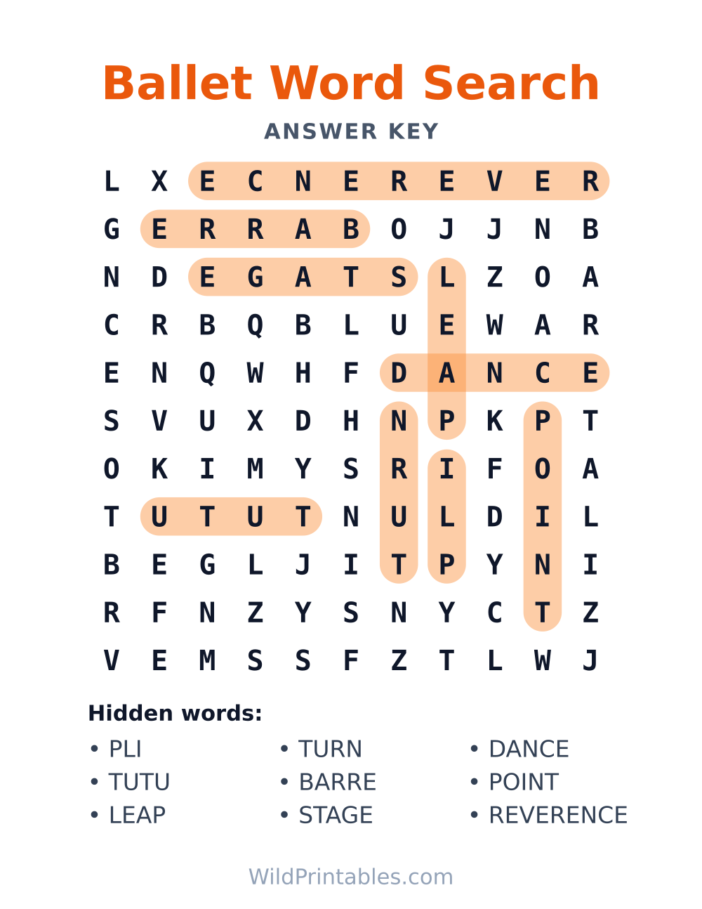 Ballet Word Search — answer key