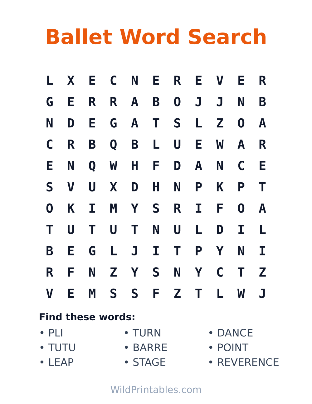 Ballet Word Search — free printable word search for kids to print and color at home