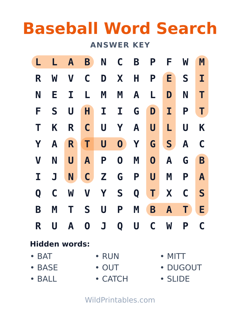 Baseball Word Search — answer key