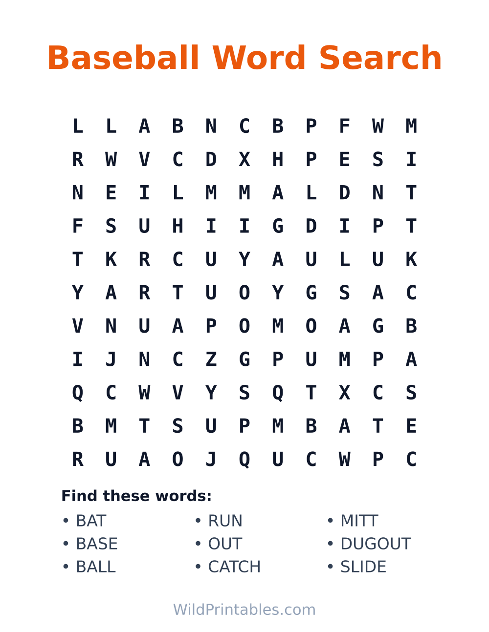 Baseball Word Search — free printable word search for kids to print and color at home