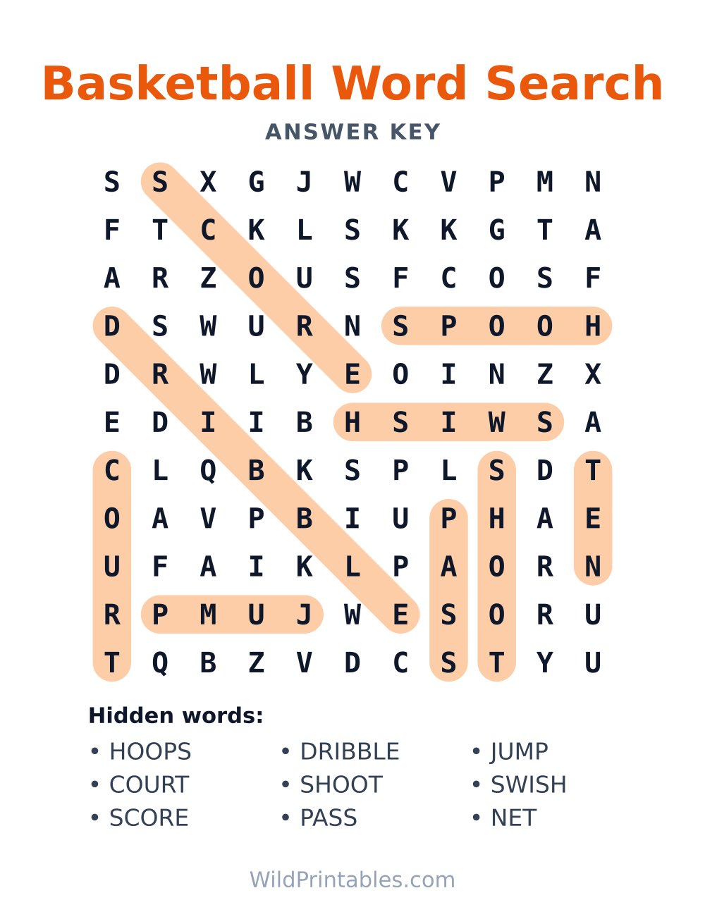 Basketball Word Search — answer key