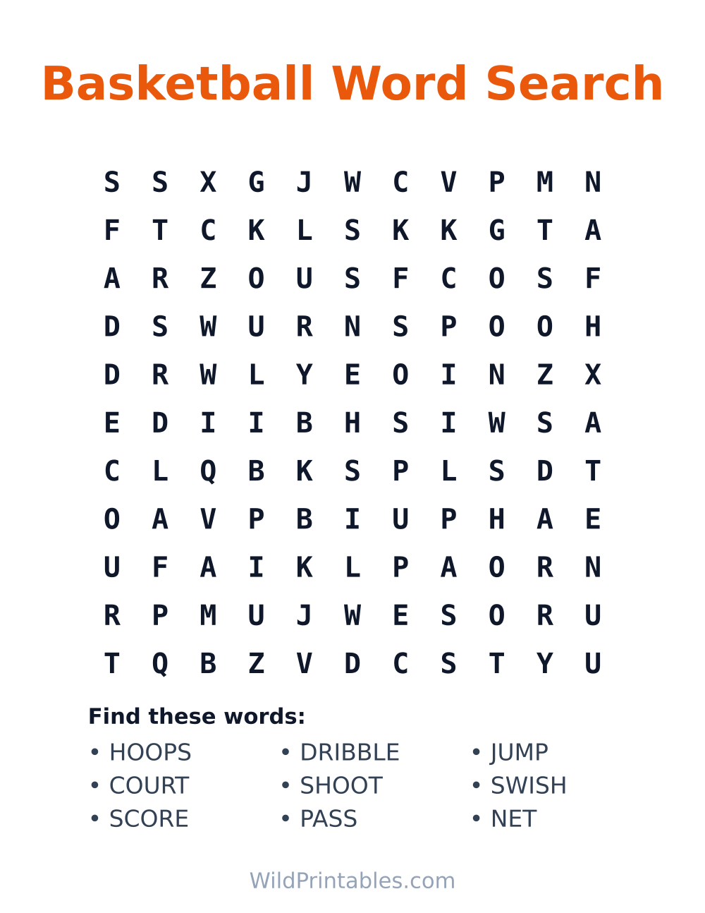 Basketball Word Search — free printable word search for kids to print and color at home