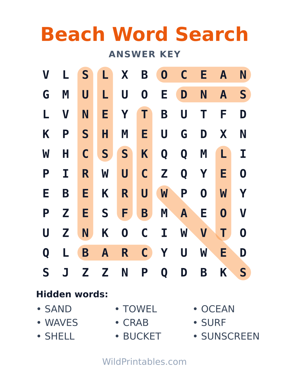 Beach Word Search — answer key