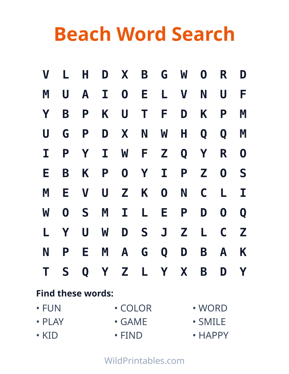 Beach Word Search — free printable word search for kids to print and color at home