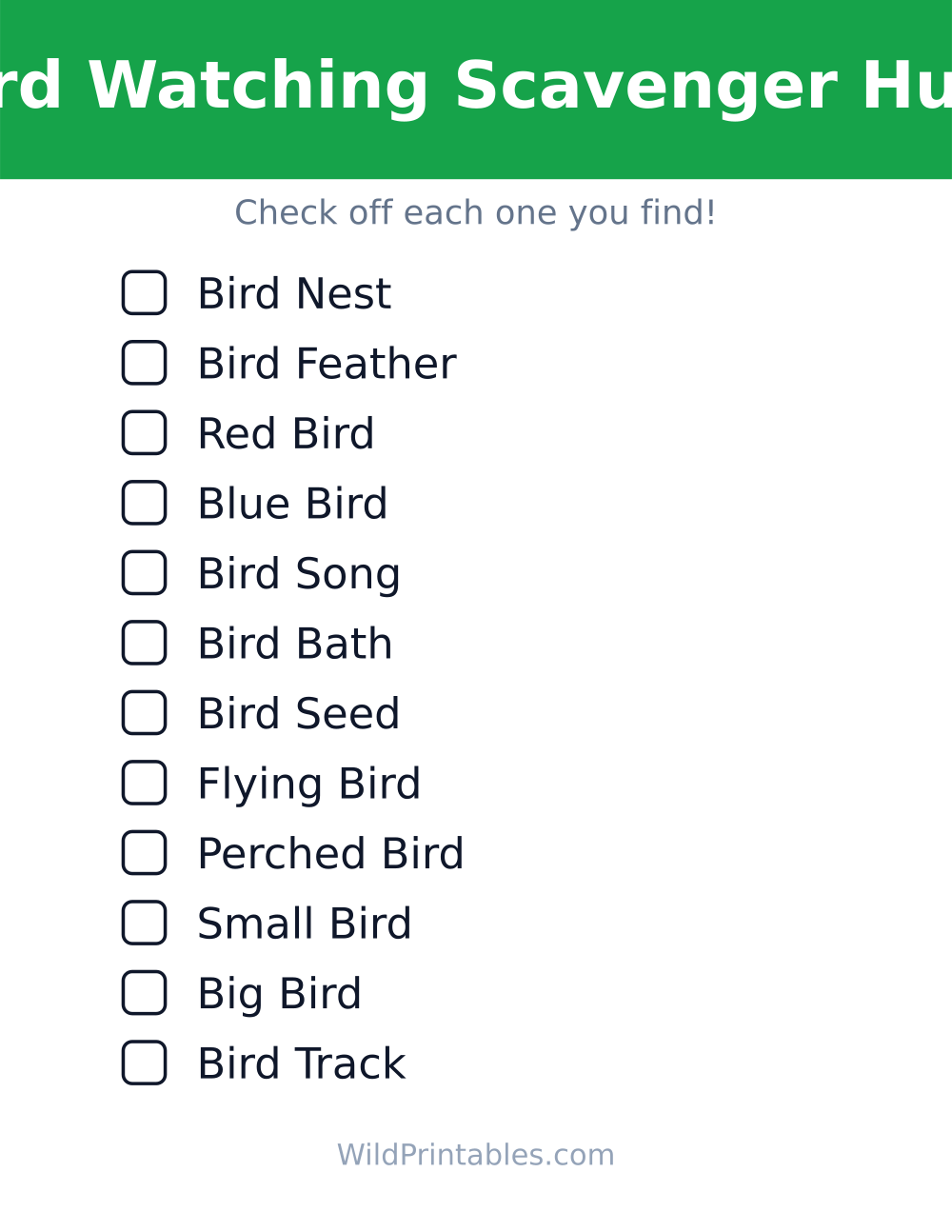Bird Watching Scavenger Hunt — free printable scavenger hunt for kids