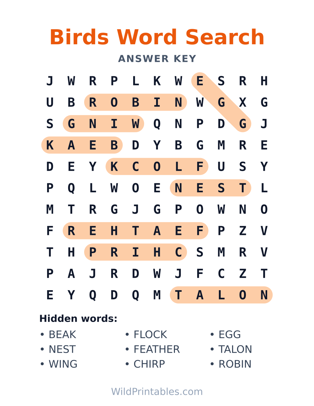 Birds Word Search — answer key