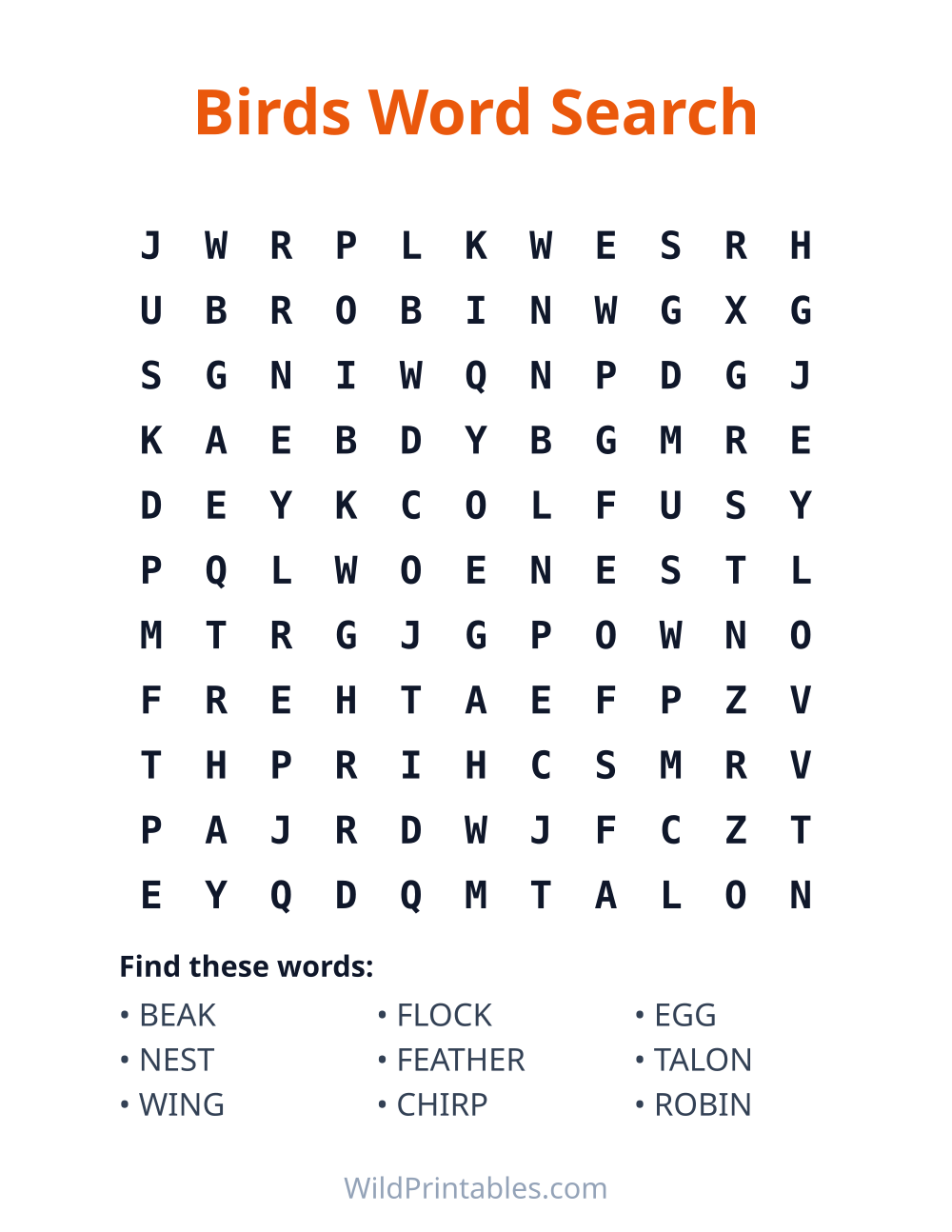 Birds Word Search — free printable word search for kids