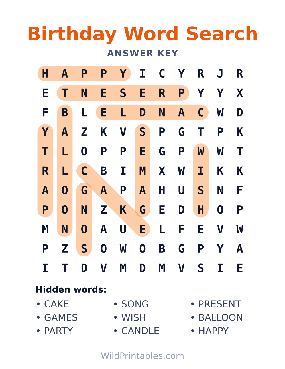 Birthday Word Search — answer key