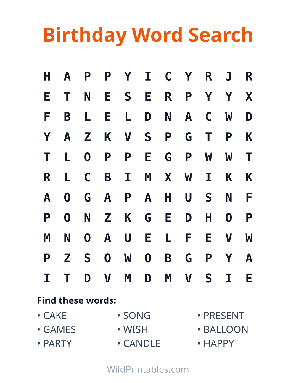 Birthday Word Search — free printable word search for kids
