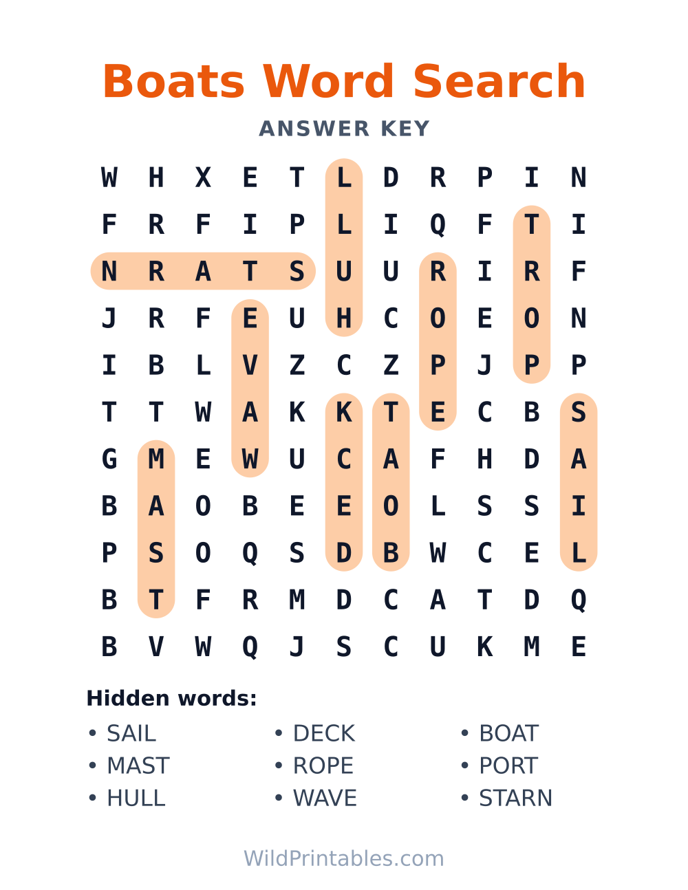 Boats Word Search — answer key