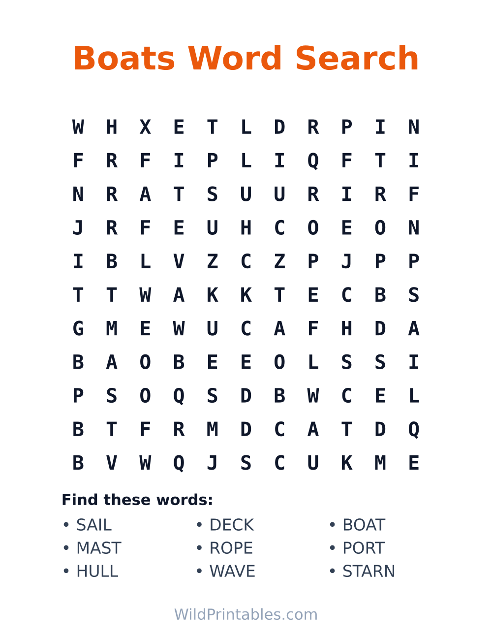 Boats Word Search — free printable word search for kids