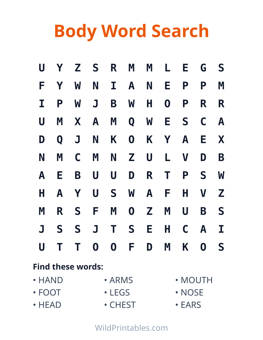 Body Word Search — free printable word search for kids to print and color at home