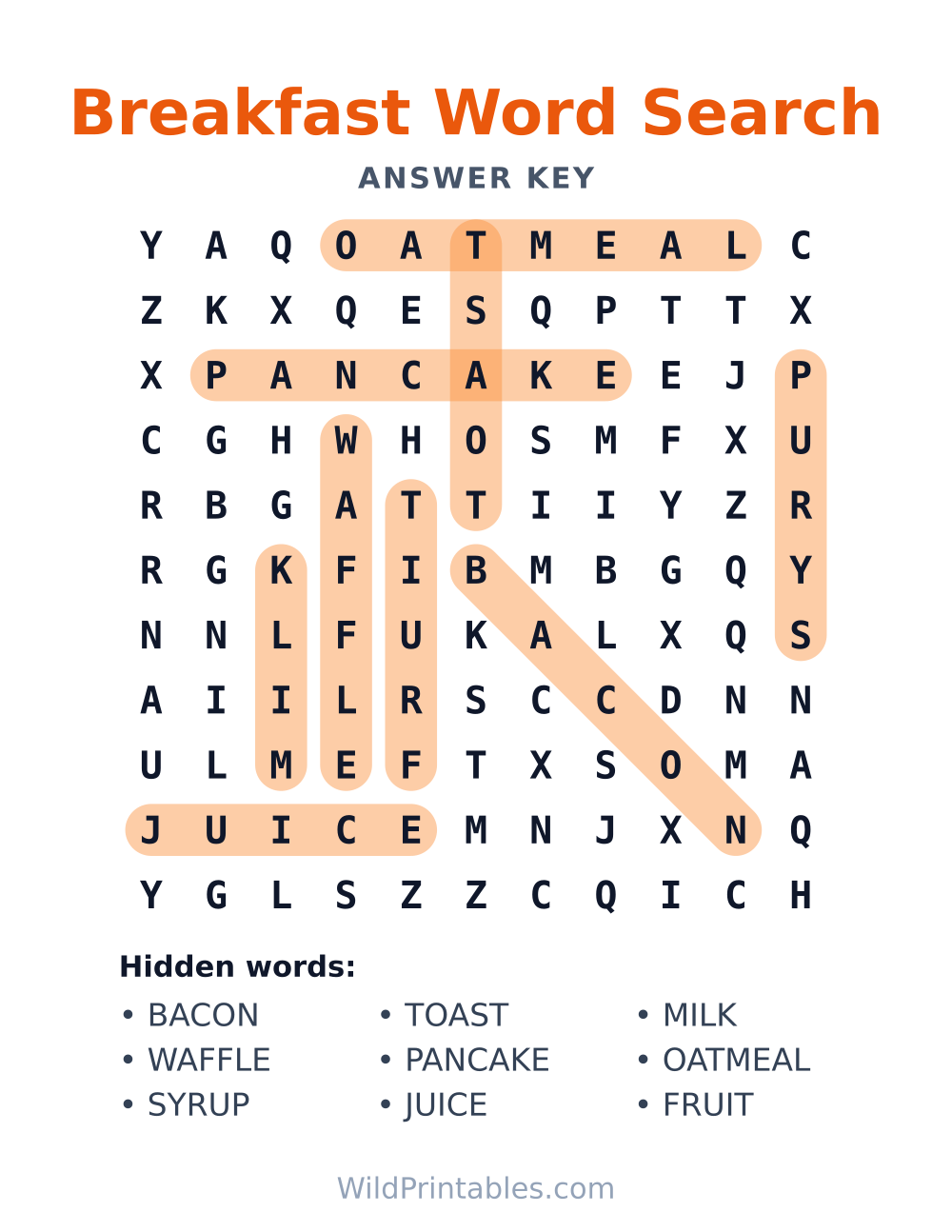 Breakfast Word Search — answer key