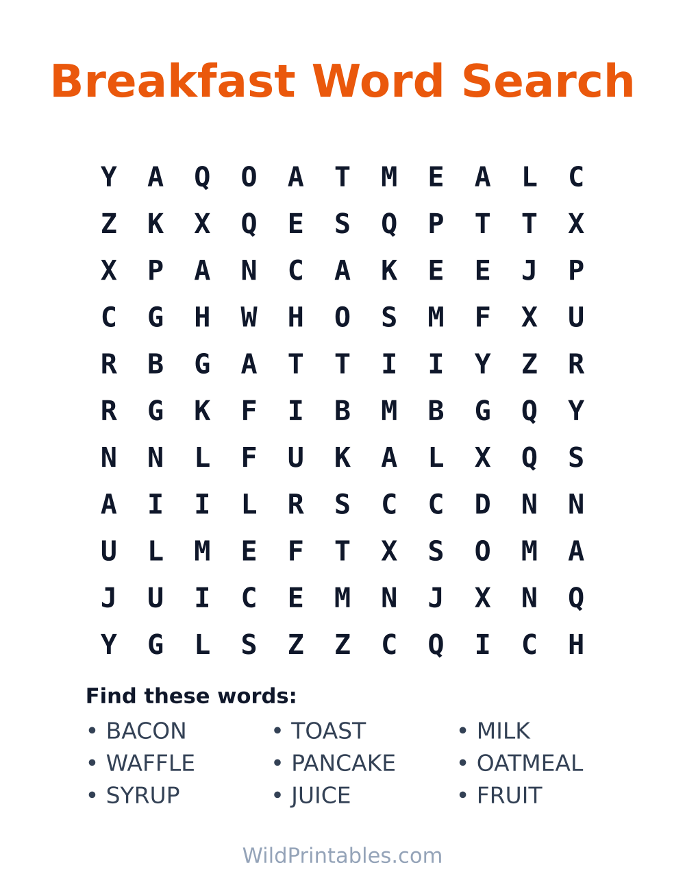 Breakfast Word Search — free printable word search for kids