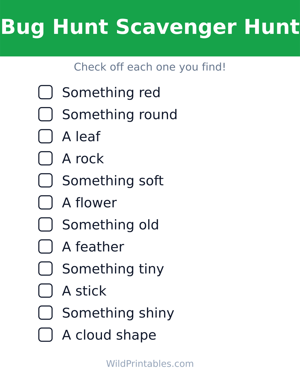 Bug Hunt Scavenger Hunt — free printable scavenger hunt for kids