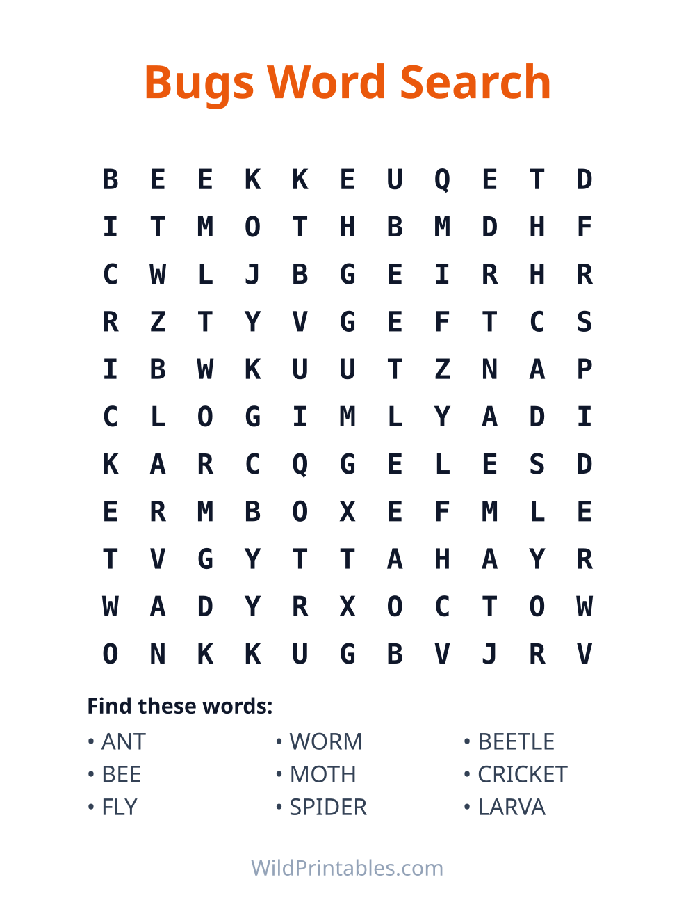 Bugs Word Search — free printable word search for kids