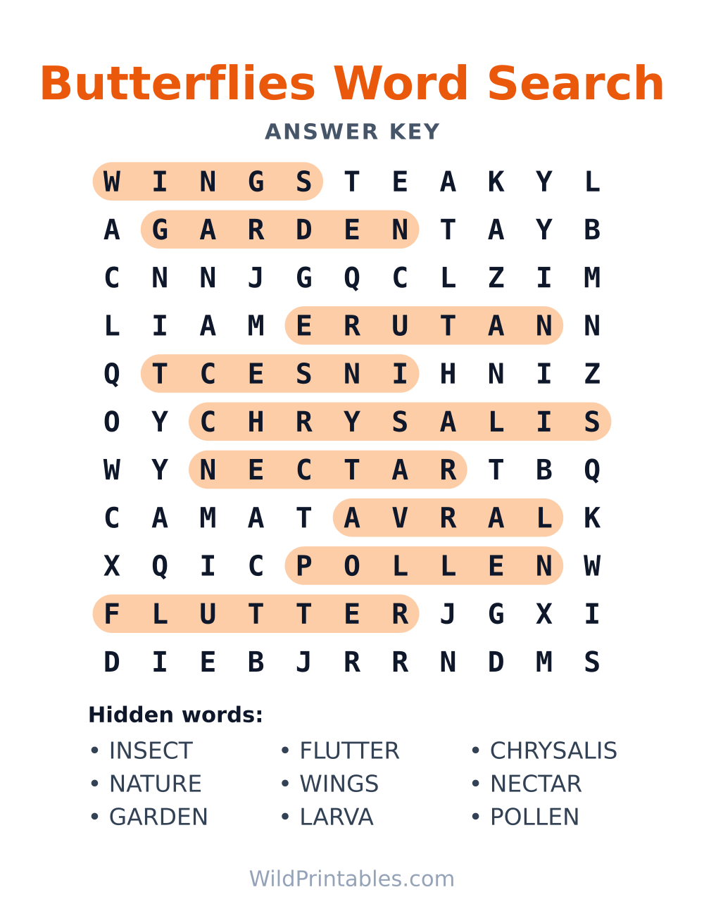 Butterflies Word Search — answer key
