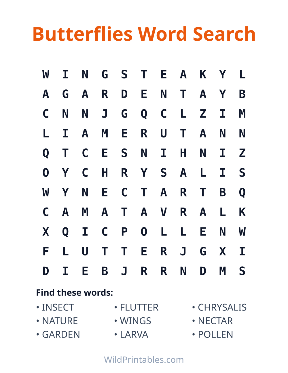 Butterflies Word Search — free printable word search for kids to print and color at home