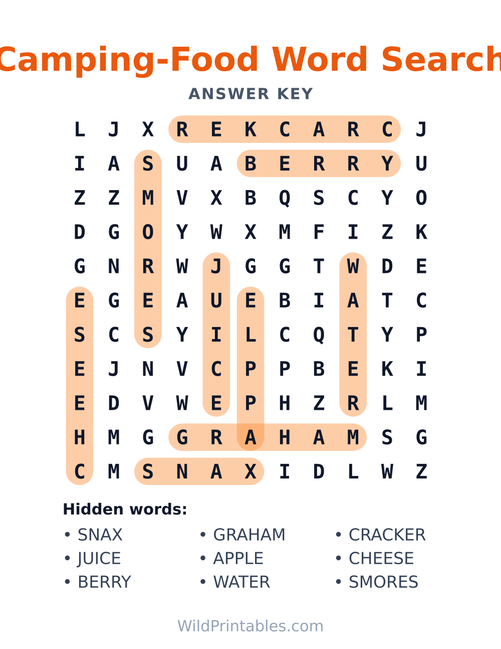 Camping-Food Word Search — answer key