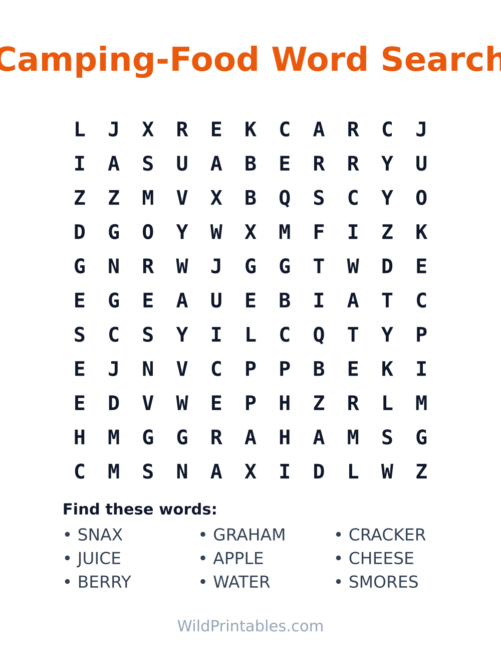 Camping-Food Word Search — free printable word search for kids