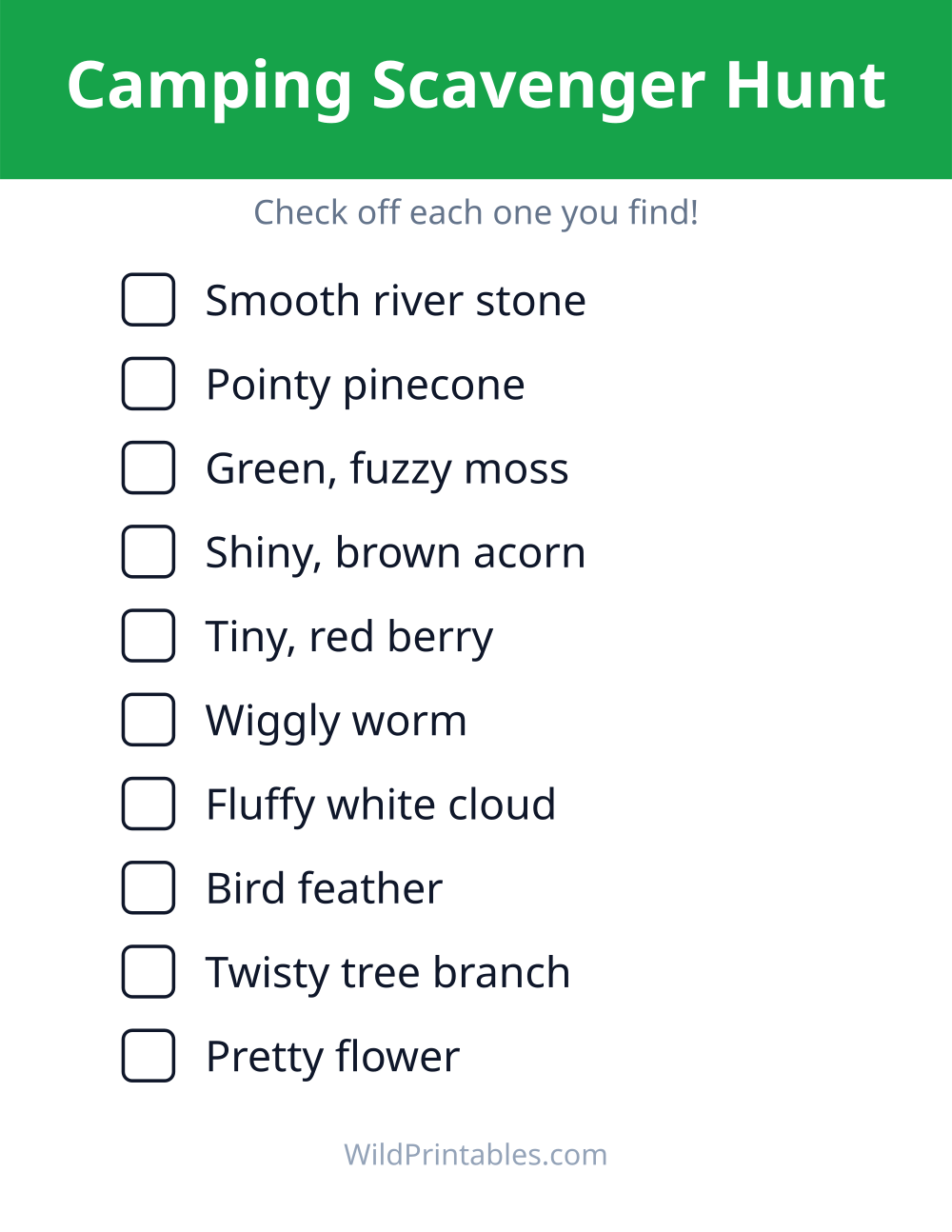 Camping Scavenger Hunt — free printable scavenger hunt for kids