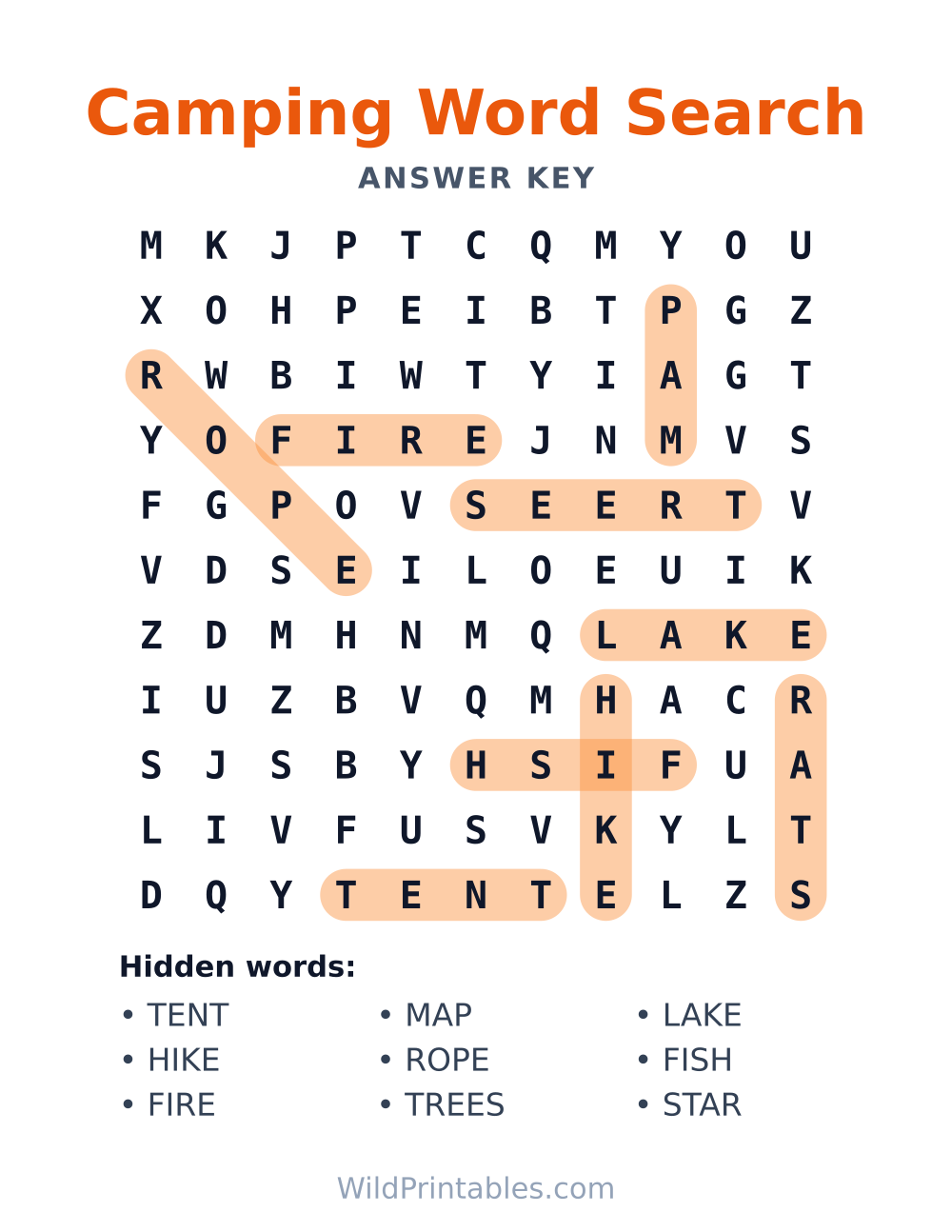 Camping Word Search — answer key
