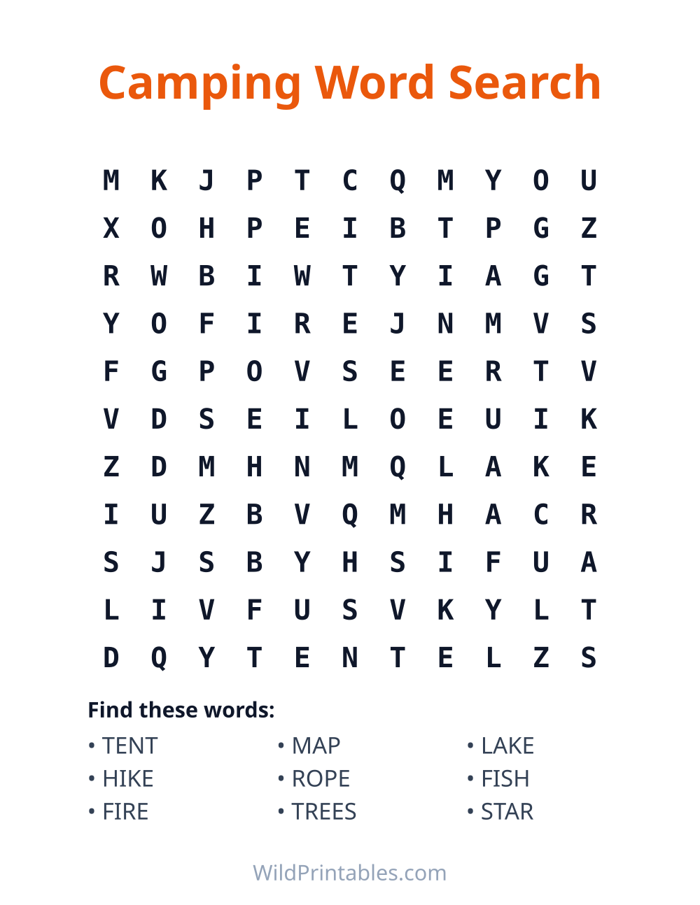 Camping Word Search — free printable word search for kids